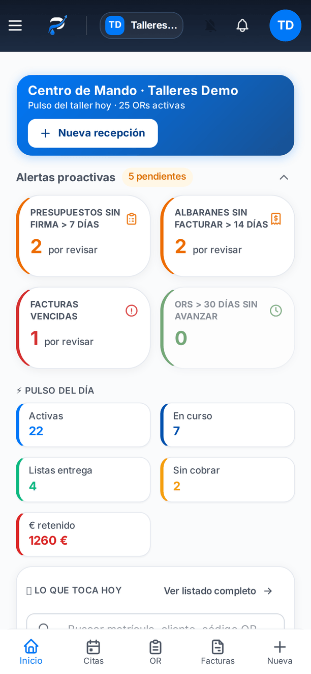 Pintevo en el móvil: Centro de Mando del taller adaptado al teléfono